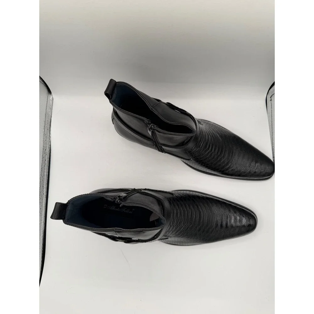 Alberto Fellini Men Black Snakeskin Texture Harness Ankle Boots Side Zip Size 13